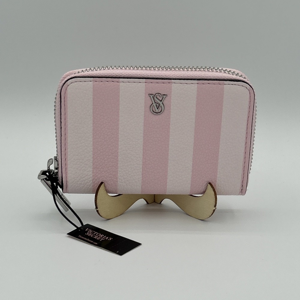 Victoria's Secret Iconic Stripes Small Coin Wallet Silver Zip Around VS LogoNWT
